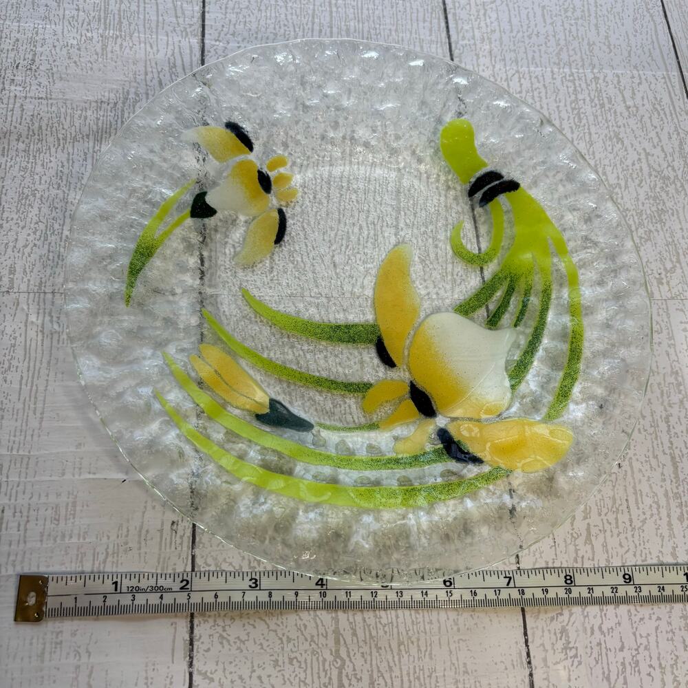 Vintage Fused Glass Art Plate Yellow & White Iris Floral Design - Picture 4 of 6